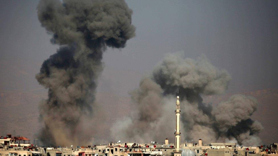 Smoke rises from the town of Arbin, in the rebel-held Eastern Ghouta near Damascus, Syria (7 February 2018)