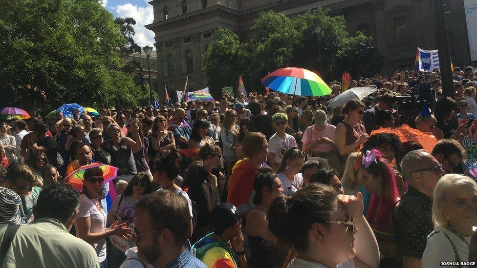 Crowds gathered outside the state library in Melbourne to hear the result