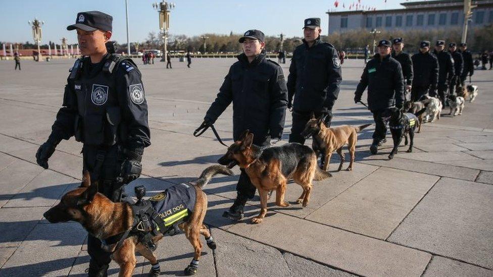 Chinese police officers with sniffer dogs patrol in Tiananmen Square (05 March 2017)