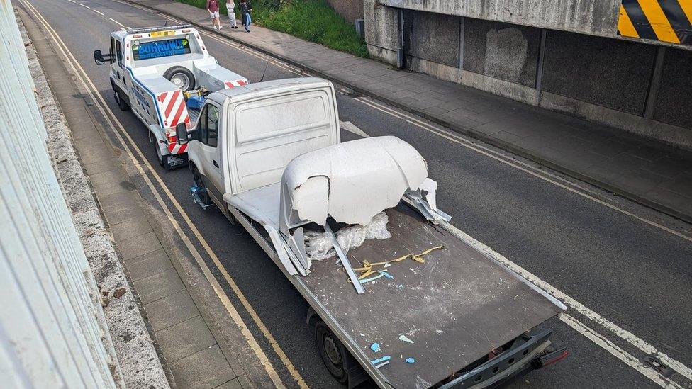 The damaged lorry