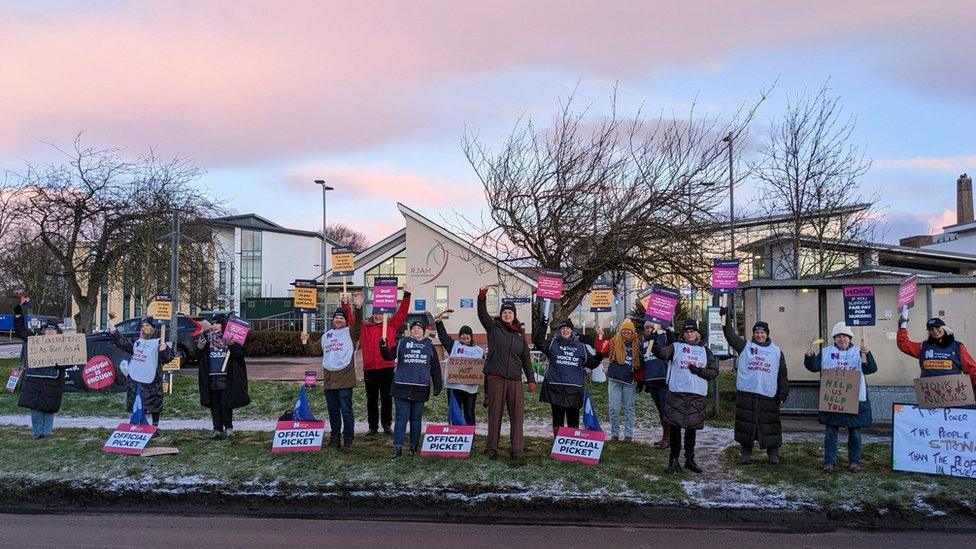 Picket line at The Robert Jones and Agnes Hunt Orthopaedic Hospital