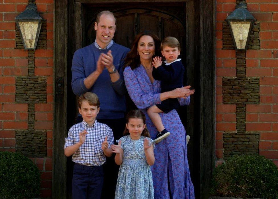 The Duke and Duchess of Cambridge with Prince George, Princess Charlotte and Prince Louis clapping for carers as part of the BBC Children in Need and Comic Relief "Big Night In" in April 2020