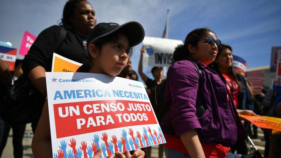 Demonstrators rally at the US Supreme Court in Washington, DC, in April to protest a proposal to add a citizenship question in the 2020 census