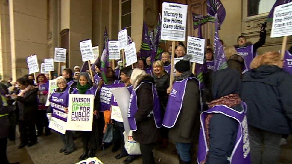 Workers at a protest in 2018