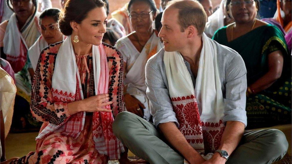 Prince William and his wife Catherine, the Duchess of Cambridge, visit a "Namghar", an Assamese site of congregational worship, in Panbari village in Kaziranga