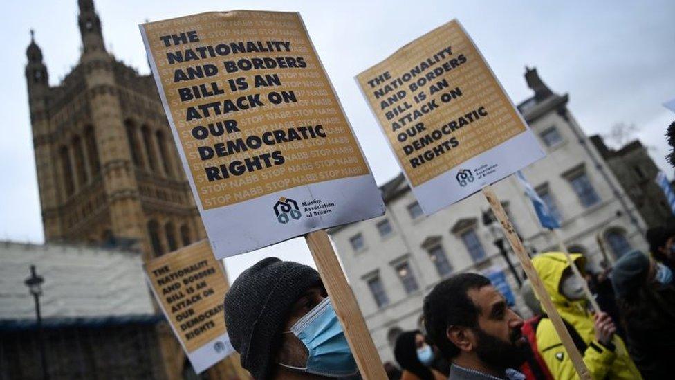 Protesters gathered outside parliament to demonstrate against the UK government's Nationality and Borders Bill in January