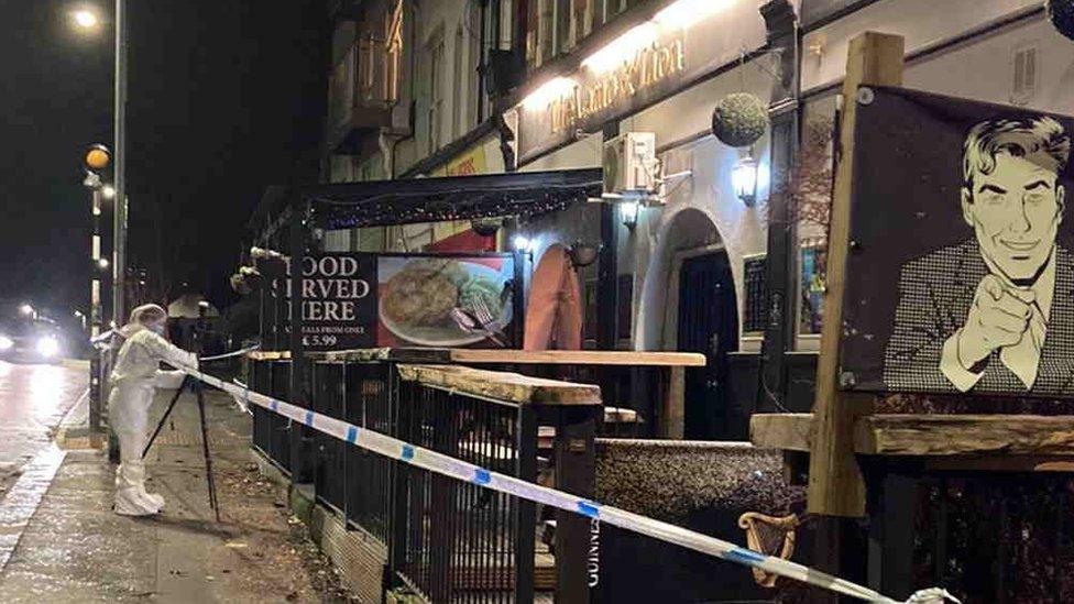 Scenes-of-crime officer outside the Lion & Lamb pub in Westcliff-on-Sea