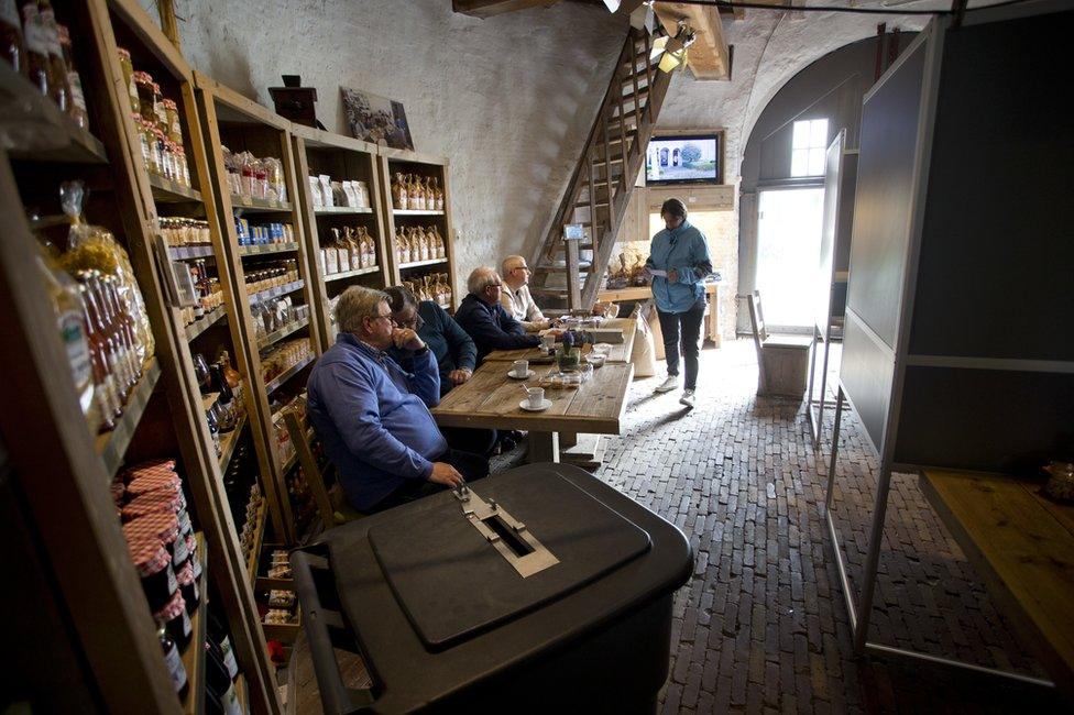 The Kerkhovense Molen, a windmill turned polling station in Oisterwijk, south central Netherlands, 15 March