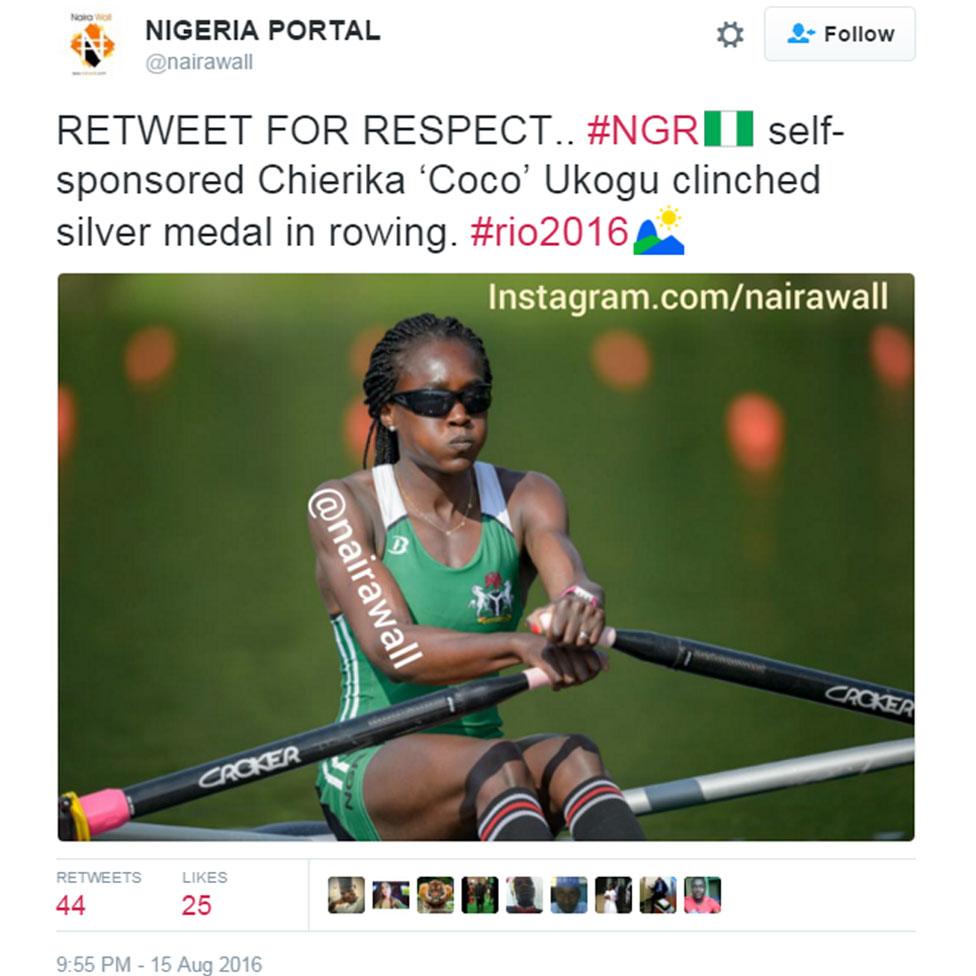 Nigeria Portal tweet reading: RETWEET FOR RESPECT.. #NGR self-sponsored Chierika 'Coco' Ukogu clinched silver medal in rowing. #rio2016