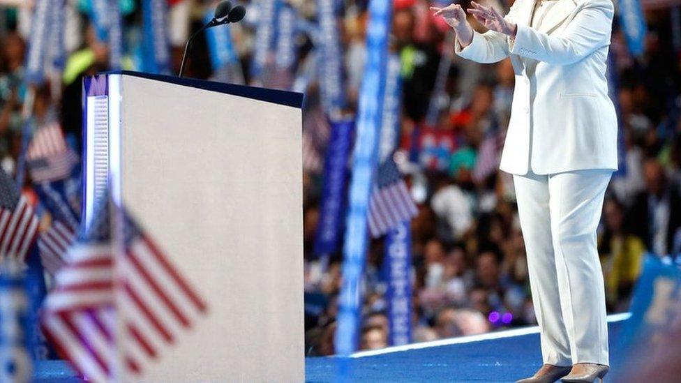 Democratic presidential candidate Hillary Clinton acknowledges the crowd as she arrives on stage during the fourth day of the Democratic National Convention at the Wells Fargo Center, 28 July 2016 in Philadelphia.