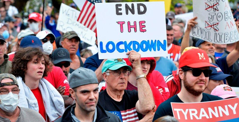 People at a protest against a state-wide stay-at-home order in Boston, Massachusetts - 4 May 2020