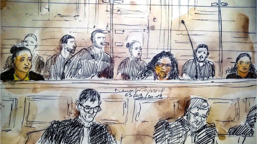 A court sketch during the trial of five women on charges of an alleged plot to detonate a car bomb in front of Paris's Notre-Dame cathedral