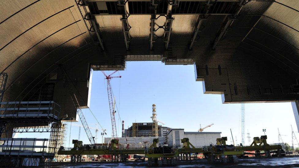 Inside the arch, looking at the Chernobyl reactor