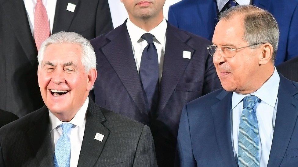 US Secretary of State Rex Tillerson (left) and Russian Foreign Minister Sergei Lavrov in Bonn, 16 Feb 17