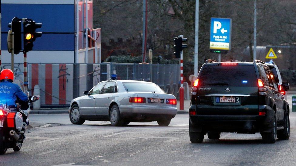 A convoy believed to be transporting Salah Abdeslam, one of the suspects in the 2015 Islamic State attacks in Paris, leaves the courthouse in Brussels, Belgium (February 5, 2018)