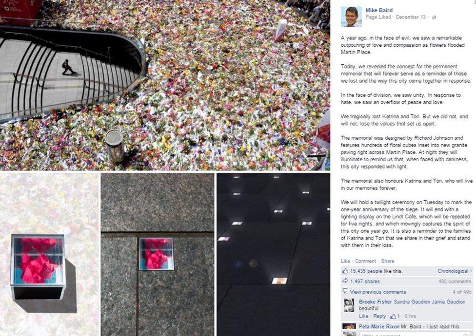 "A year ago, in the face of evil, we saw a remarkable outpouring of love and compassion as flowers flooded Martin Place," NSW Premier Mike Baird said in Facebook post prior to the Sydney siege anniversary.