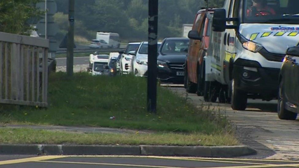 Queuing traffic on roads around the A174