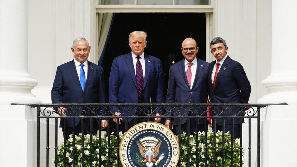 Israeli Prime Minister Benjamin Netanyahu, US President Donald J. Trump, Bahrain Foreign Affairs Minister Sheikh Khalid Bin Ahmed Al-Khalifa, and UAE Foreign Affairs Minister Sheikh Abdullah bin Zayed bin Sultan Al Nahyan during the Abraham Accords signing