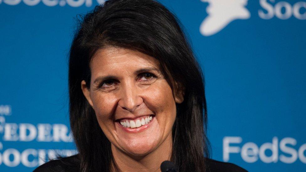 In this 18 Nov 2016 photo, Nikki Haley smiles while speaking at the Federalist Society's National Lawyers Convention in Washington