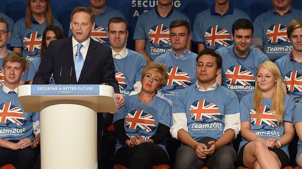 Grant Shapps addresses the room during the Conservative Party annual conference in 2014, with Mark Clarke and others listening behind him