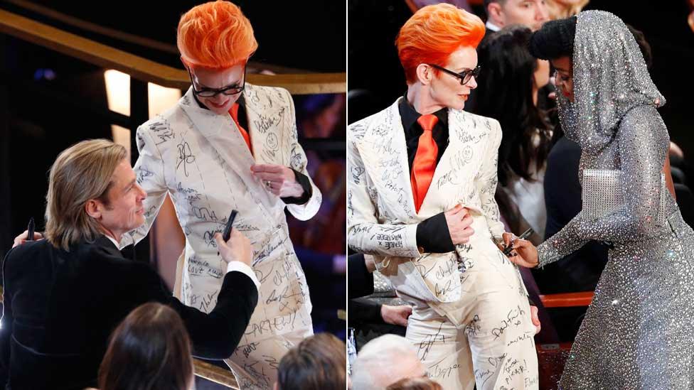 Sandy Powell with Brad Pitt (left) and Janelle Monae