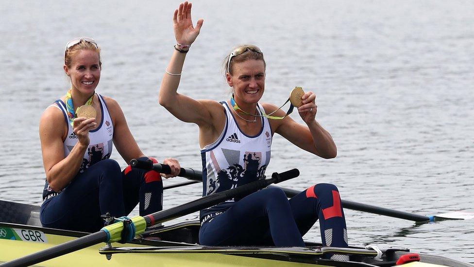 Helen Glover and Heather Stanning celebrate their Olympic victory in Rio