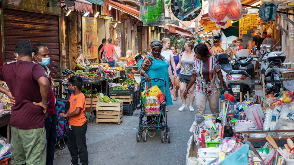 Street scene in Ballarò market, Palermo, Sicily in Italy