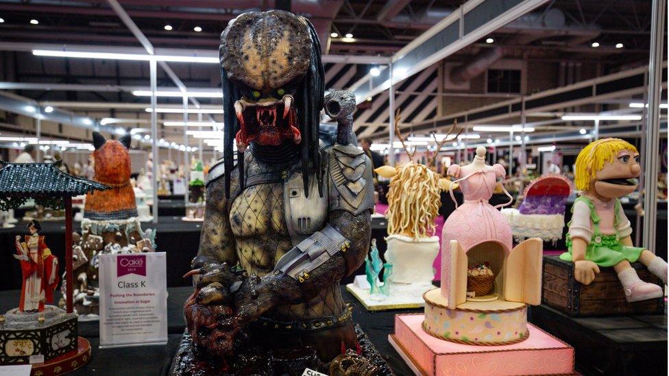 Cakes, including a "Predator" entry, competing in the Pushing the Boundaries category at Cake International 2019 at the NEC, Birmingham.