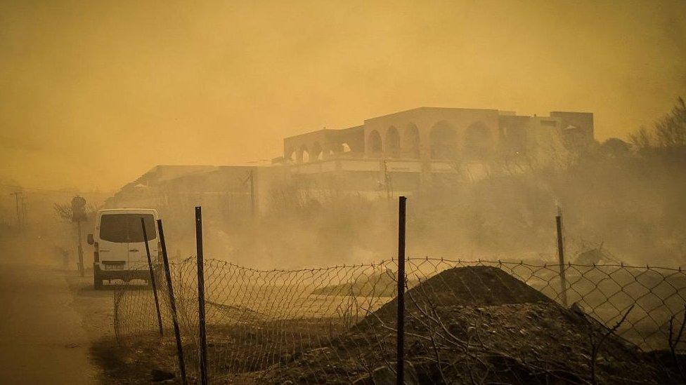 Burnt hotel on island of Rhodes