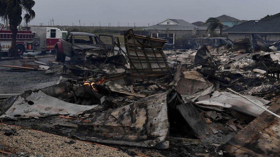 A burnt out house that caught fire after Hurricane Harvey hit Corpus Christi, Texas is seen on August 26, 2017