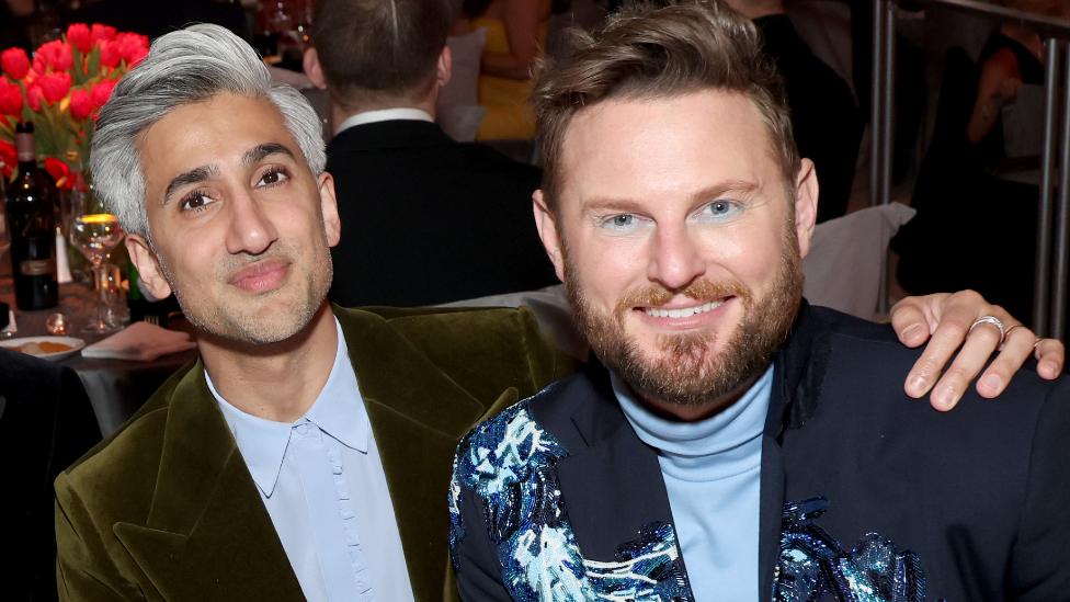 Tan France and Bobby Berk attend the Elton John AIDS Foundation's 31st Annual Academy Awards Viewing Party on March 12, 2023 in West Hollywood, California.