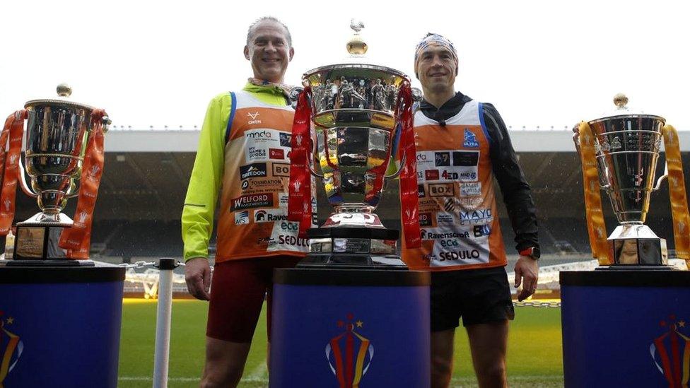 Rugby League CEO John Dutton and Kevin Sinfield pose with the Rugby League World Cup