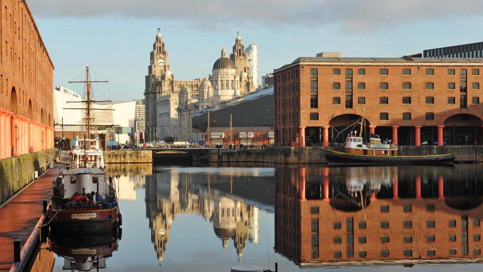 The Albert Dock, Liverpool, with the Liver Building in the background.