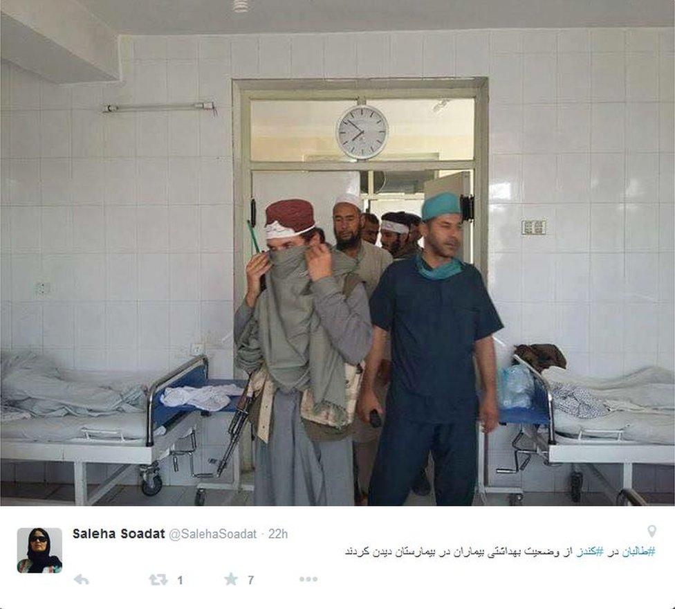 Tweet by Tolo News reporter Saleha Soadat showing Taliban fighters at a Kunduz hospital