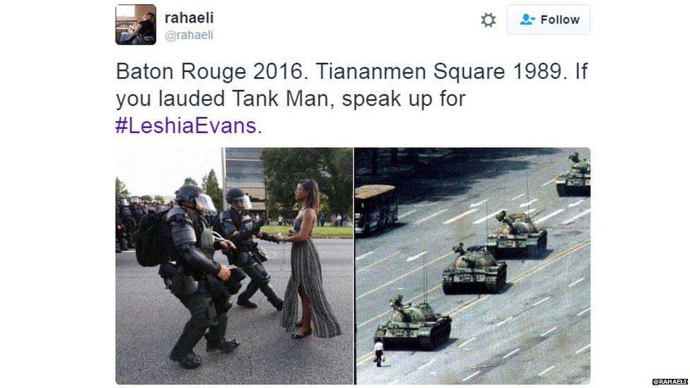 Tweet saying: Baton Rouge 2016 Tiananmen Square 1989 and the two pictures.