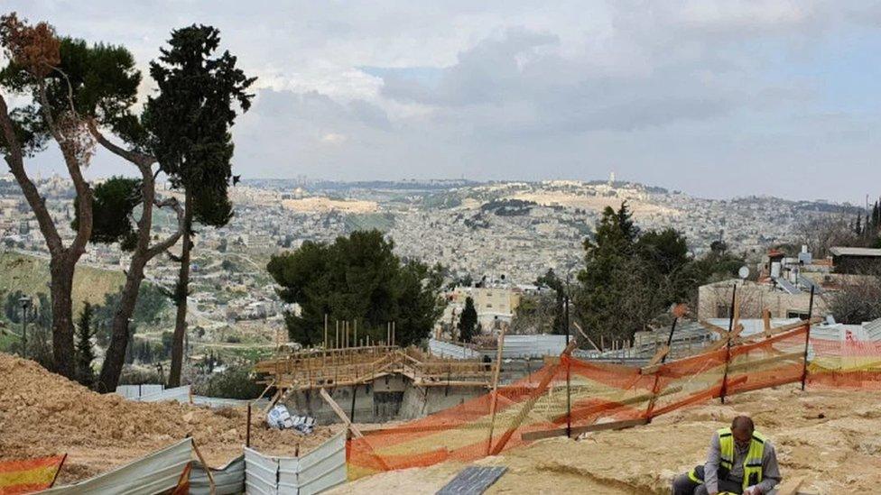 Archaeological finds overlook the city of Jerusalem