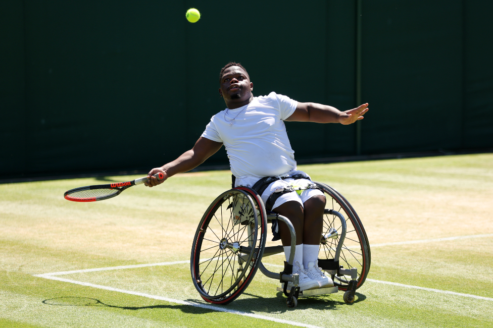 South Africa's Donald Ramphadi playing at Wimbledon in the quad wheelchair men's doubles semi-final, London, the UK - Friday 8 July 2022