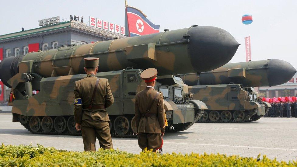 Missiles on display at a military parade in Pyongyang pm 15 April 2017