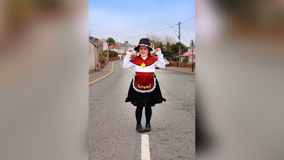 Amelia Grace dressed up for St David's Day in traditional Welsh dress