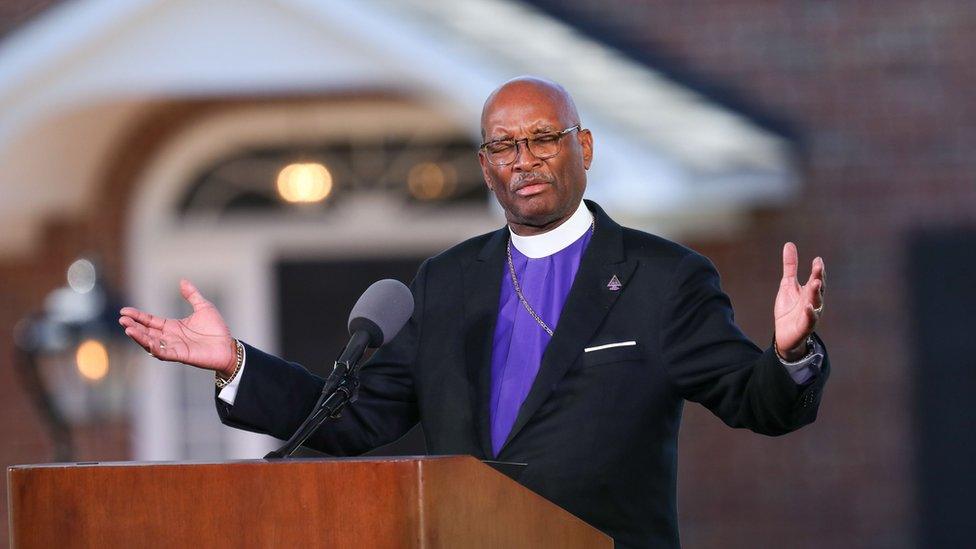 Reverend George Battles Jr. delivers the benediction during the funeral of Reverend Dr. Billy Graham in Charlotte, North Carolina.