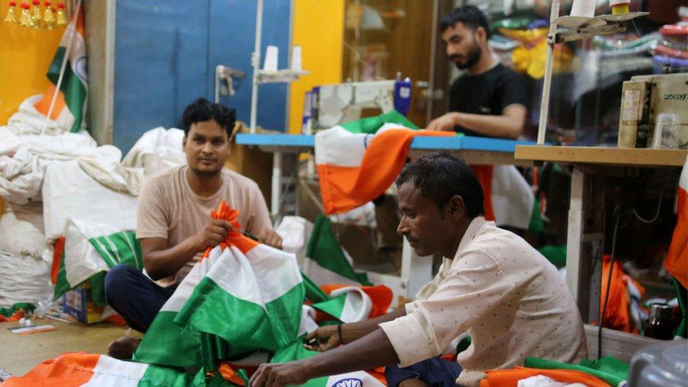 Indian National Flag at a factory in Sadar Bazar, on 6 August, 2023 in New Delhi, India.