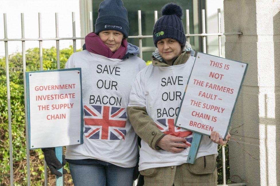 Pig farmers Vicky Scott (left) and Kate Moore during a demonstration outside the Department for Environment, Food Rural Affairs (Defra) office in York