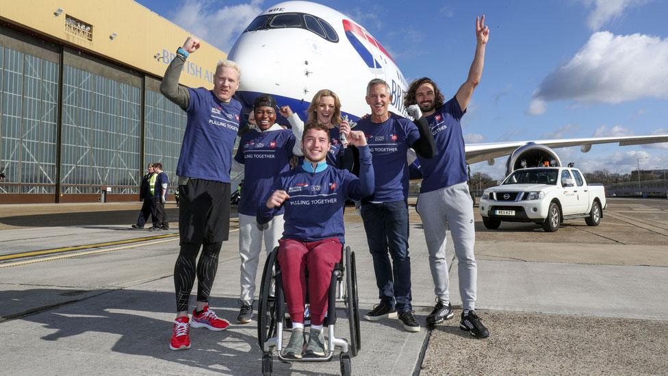 Iwan Thomas, Nicola Adams, Gabby Logan, Gary Lineker and Joe Wicks with Alfie Hewett (front),