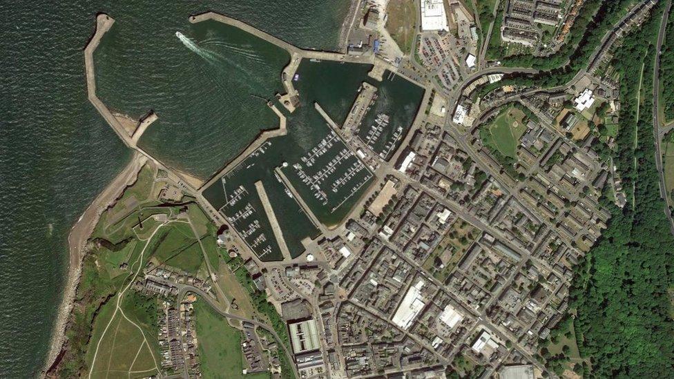 Google Earth view of Whitehaven town centre showing grid lay out and the harbour