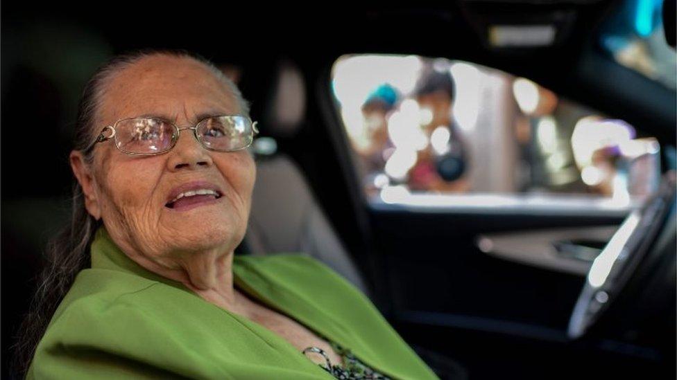 The mother of convicted Mexican drug kingpin Joaquin "El Chapo" Guzman, Maria Consuelo Loera, leaves the US embassy in Mexico City where she arrived to apply for a visa to visit her son who is currently being held in a high-security prison in New York, on June 1, 2019.