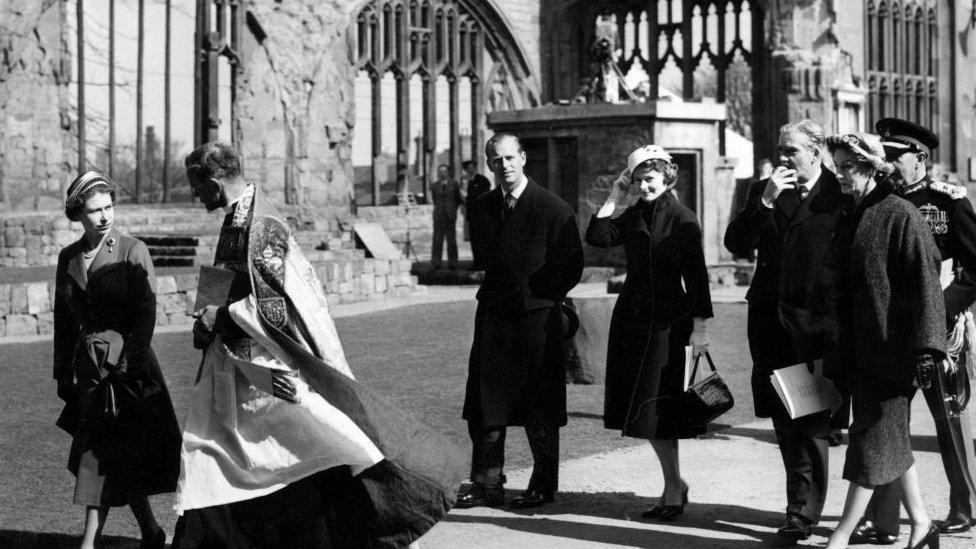 Queen Elizabeth II and Prince Philip, Duke of Edinburgh visit the old Cathedral in Coventry. They are pictured with the Provost, Prime Minister Anthony Eden and Lady Eden, 23rd March 1956