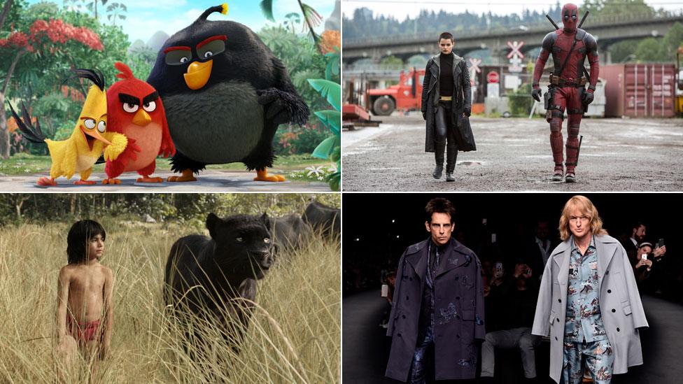 Clockwise from top left: Angry Birds, Deadpool, Zoolander 2, The Jungle Book