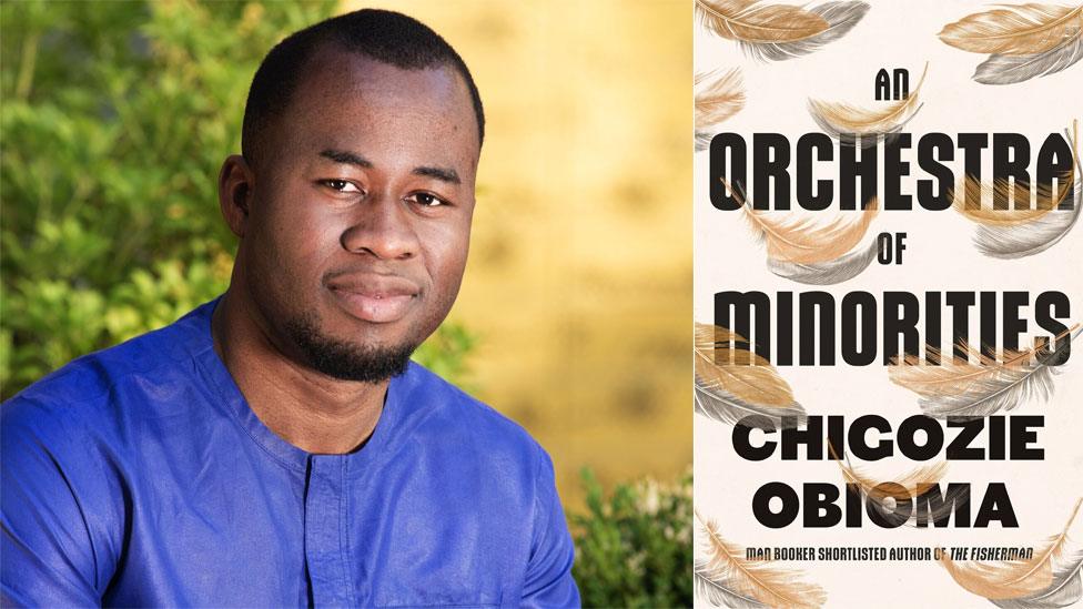 Chigozie Obioma and the book jacket for An Orchestra of Minorities