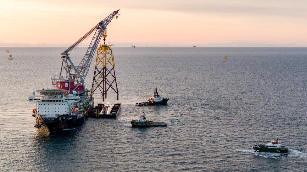 Installing a jacket for an offshore wind turbine at Bowl site in Moray Firth