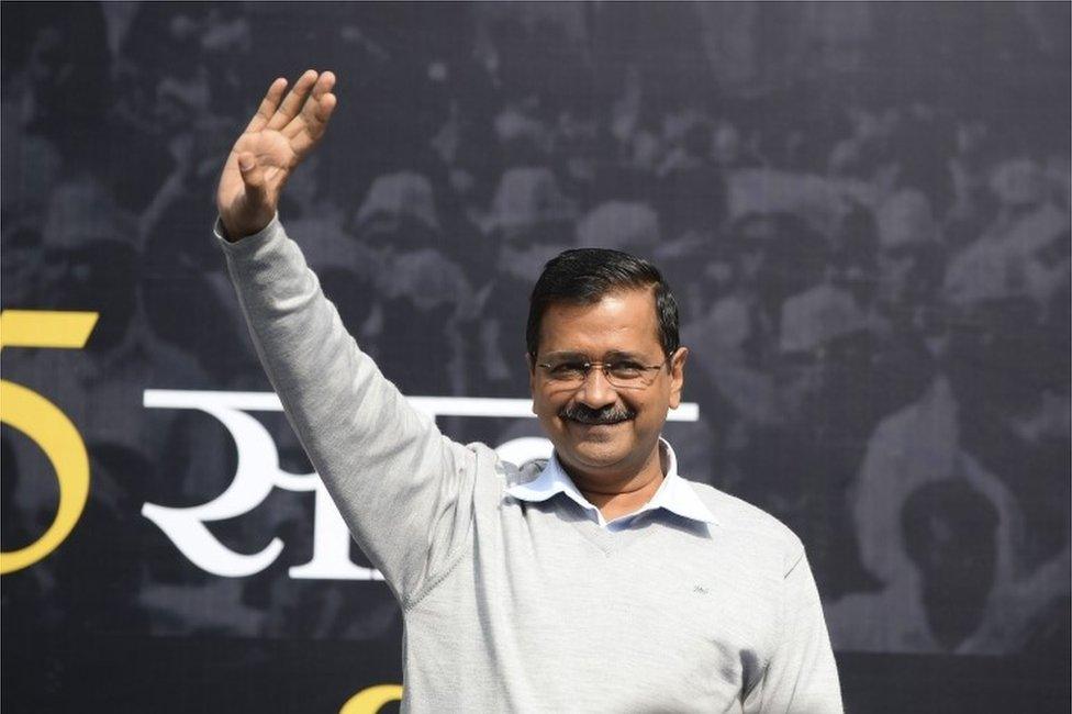 Delhi Chief Minister Arvind Kejriwal and leader of India"s Aam Admi Party (AAP) gestures before releasing the "Kejriwal Ka Guarantee Card" promising improvements on electricity, drinking water and women safety, ahead of Delhi Assembly Elections 2020, in New Delhi on January 19, 2020